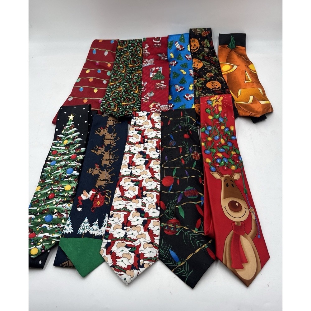 (11) CHRISTMAS NECK TIES SANTA, LIGHTS, ETC MIXED BRANDS SILK / POLYESTER